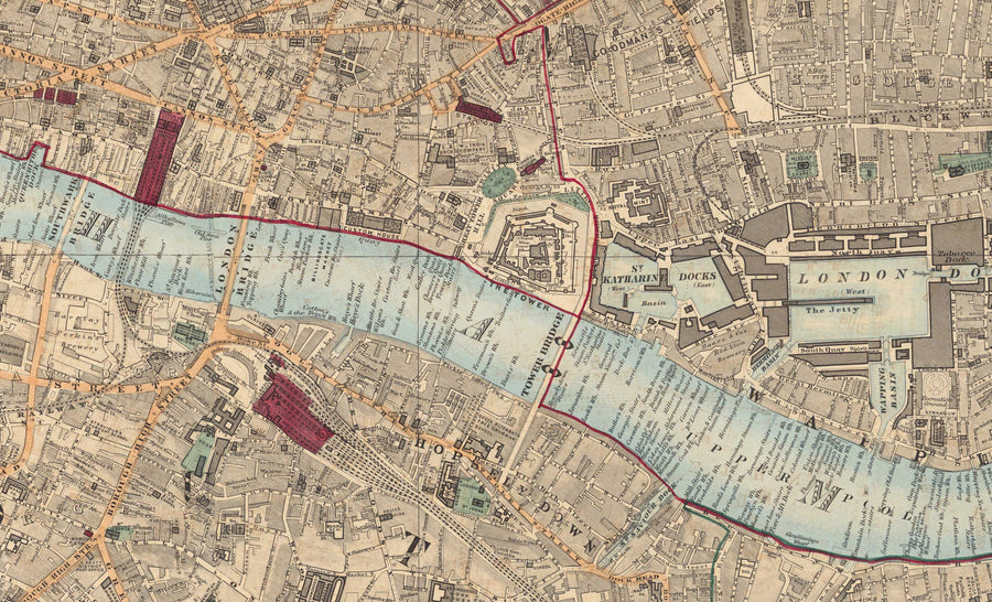 Mappa dei colori antica della città di Londra, 1891 - London Bridge, St Pauls, Liverpool St, Bank, Finsbury, Southwark - EC1 EC2 EC3 EC4 E1 SE1 