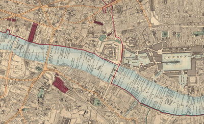 Antiguo mapa en color de la ciudad de Londres, 1891 - London Bridge, St Pauls, Liverpool St, Bank, Finsbury, Southwark - EC1 EC2 EC3 EC4 E1 SE1