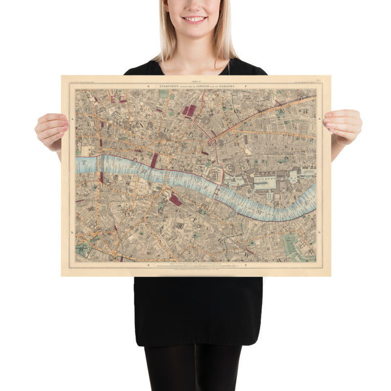 Mappa dei colori antica della città di Londra, 1891 - London Bridge, St Pauls, Liverpool St, Bank, Finsbury, Southwark - EC1 EC2 EC3 EC4 E1 SE1 