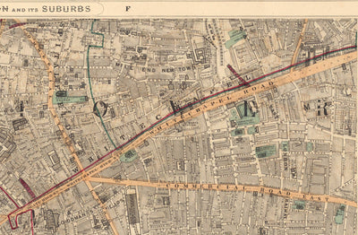Antiguo mapa en color de la ciudad de Londres, 1891 - London Bridge, St Pauls, Liverpool St, Bank, Finsbury, Southwark - EC1 EC2 EC3 EC4 E1 SE1