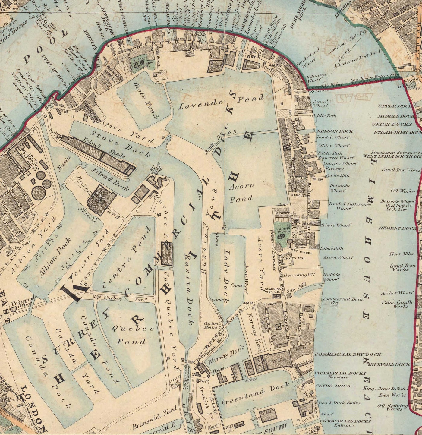 Old Colour Map of East London 1891 - Isle of Dogs, Tower Hamlets, Limehouse, Poplar, Canary Wharf, Surrey Quays - E1 E3 E14 SE16