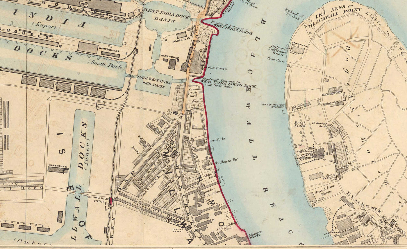 Alte Farbkarte von East London 1891 - Isle of Dogs, Tower Hamlets, Limehouse, Poplar, Canary Wharf, Surrey Quays - E1 E3 E14 SE16