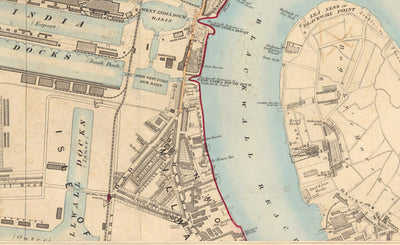 Alte Farbkarte von East London 1891 - Isle of Dogs, Tower Hamlets, Limehouse, Poplar, Canary Wharf, Surrey Quays - E1 E3 E14 SE16