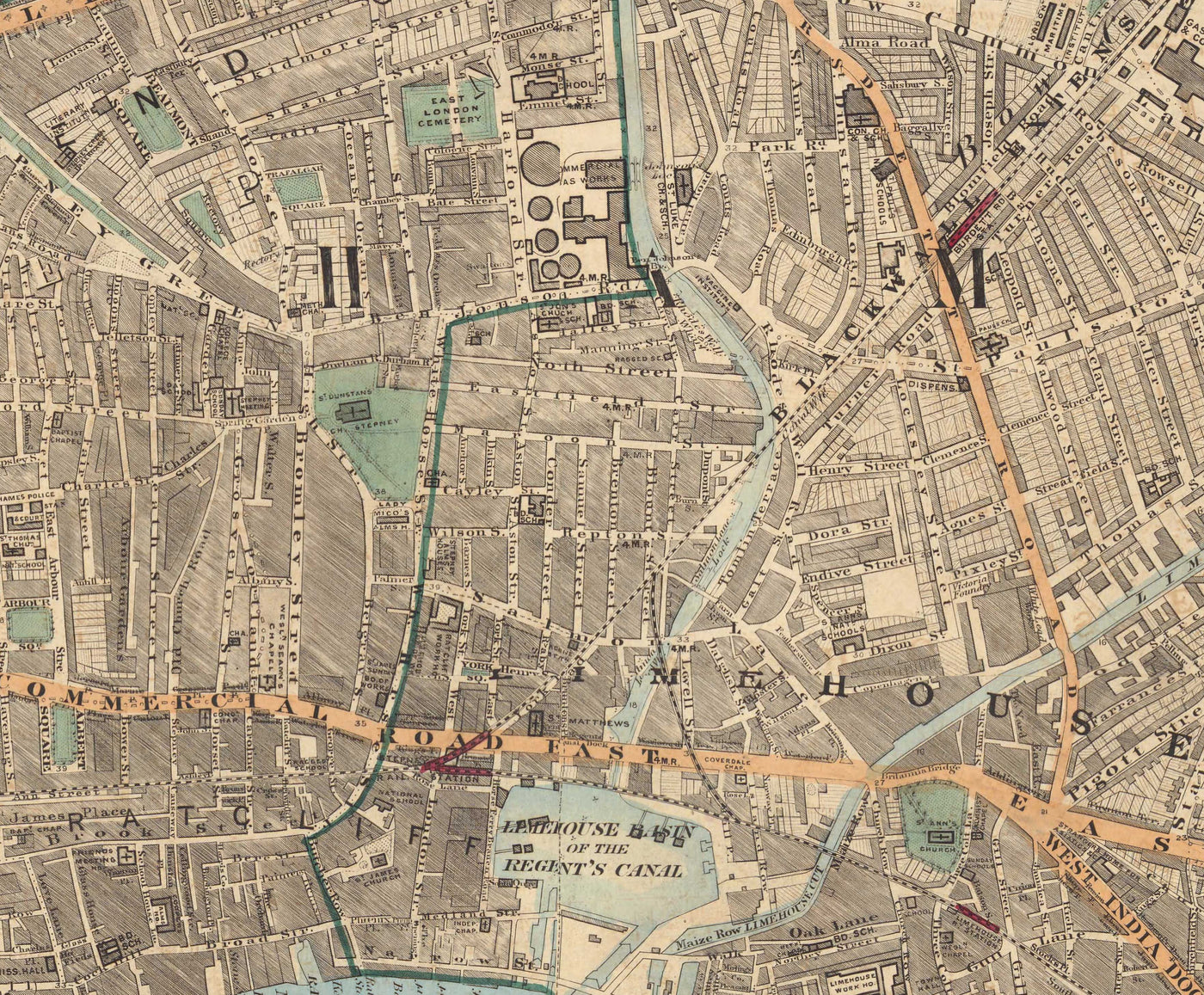 Antiguo mapa en color del este de Londres de 1891 - Isle of Dogs, Tower Hamlets, Limehouse, Poplar, Canary Wharf, Surrey Quays - E1 E3 E14 SE16
