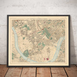 Antiguo mapa en color del oeste de Londres, 1891- Fulham, Brompton, Battersea, Hammersmith - SW6, SW10, SW15, SW18, SW10, SW11, SW5, W6 W14