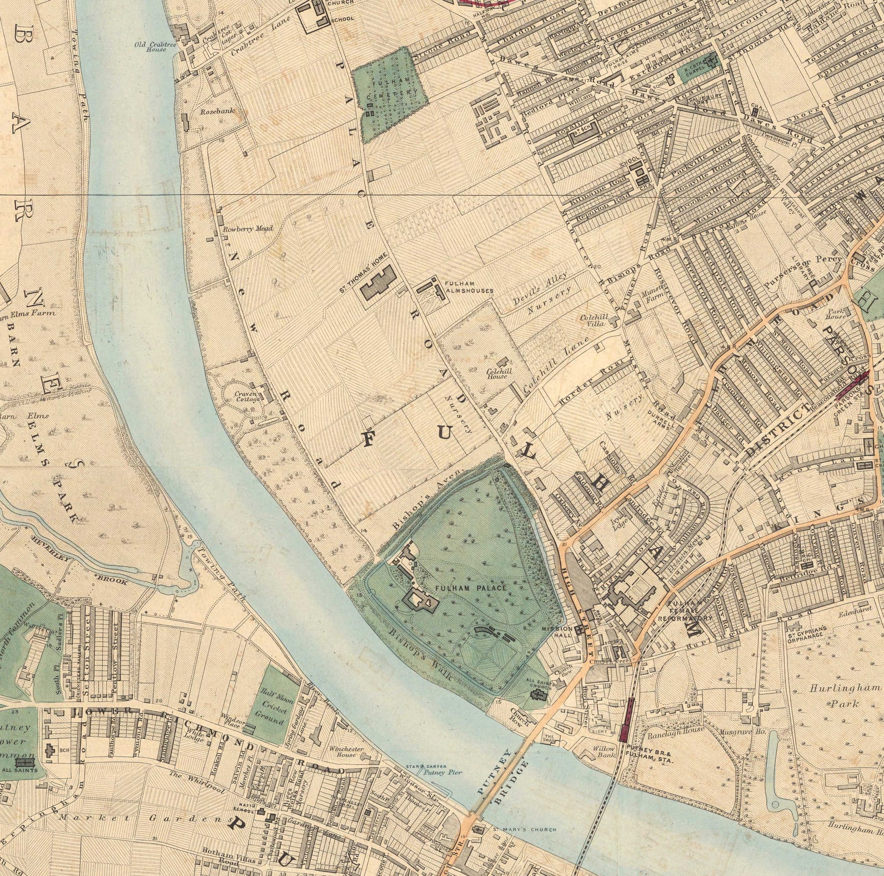 Sw6 Map Old Colour Map of West London, 1891- Fulham, Brompton, Battersea ...