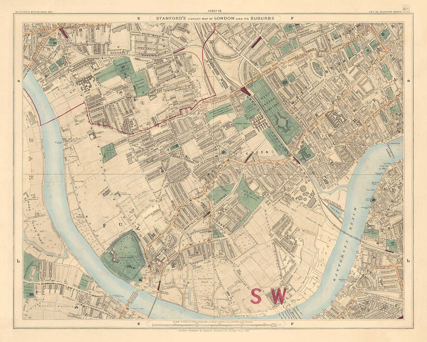 Old Colour Map of West London, 1891- Fulham, Brompton, Battersea ...