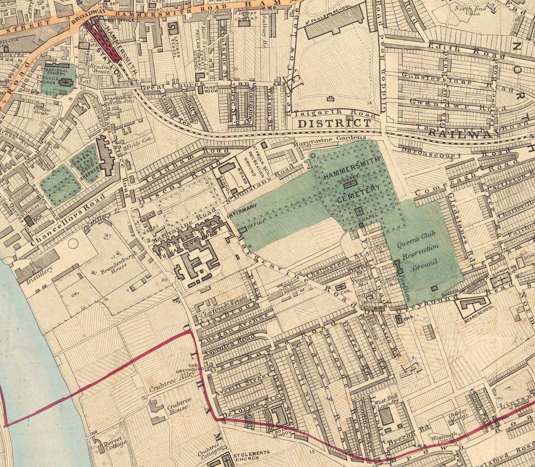 Sw6 Map Old Colour Map of West London, 1891- Fulham, Brompton, Battersea ...