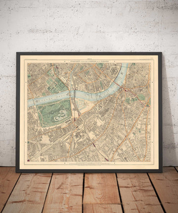 Ancienne carte en couleur du sud de Londres en 1891 - Battersea, Chelsea, Oval, Stockwell, Wandsworth - SW3, SW1, SE11, SW8, SW11, SW9, SW4