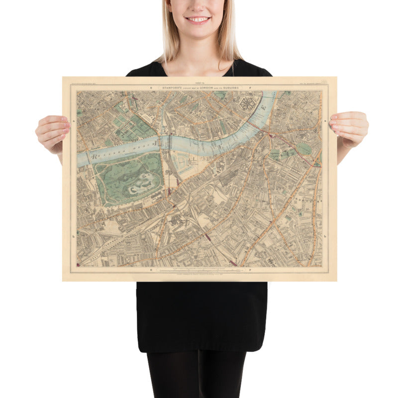 Antiguo mapa en color del sur de Londres en 1891 - Battersea, Chelsea, Oval, Stockwell, Wandsworth - SW3, SW1, SE11, SW8, SW11, SW9, SW4