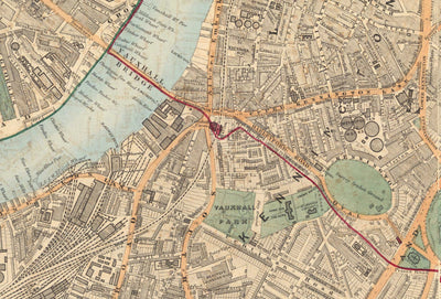 Antiguo mapa en color del sur de Londres en 1891 - Battersea, Chelsea, Oval, Stockwell, Wandsworth - SW3, SW1, SE11, SW8, SW11, SW9, SW4