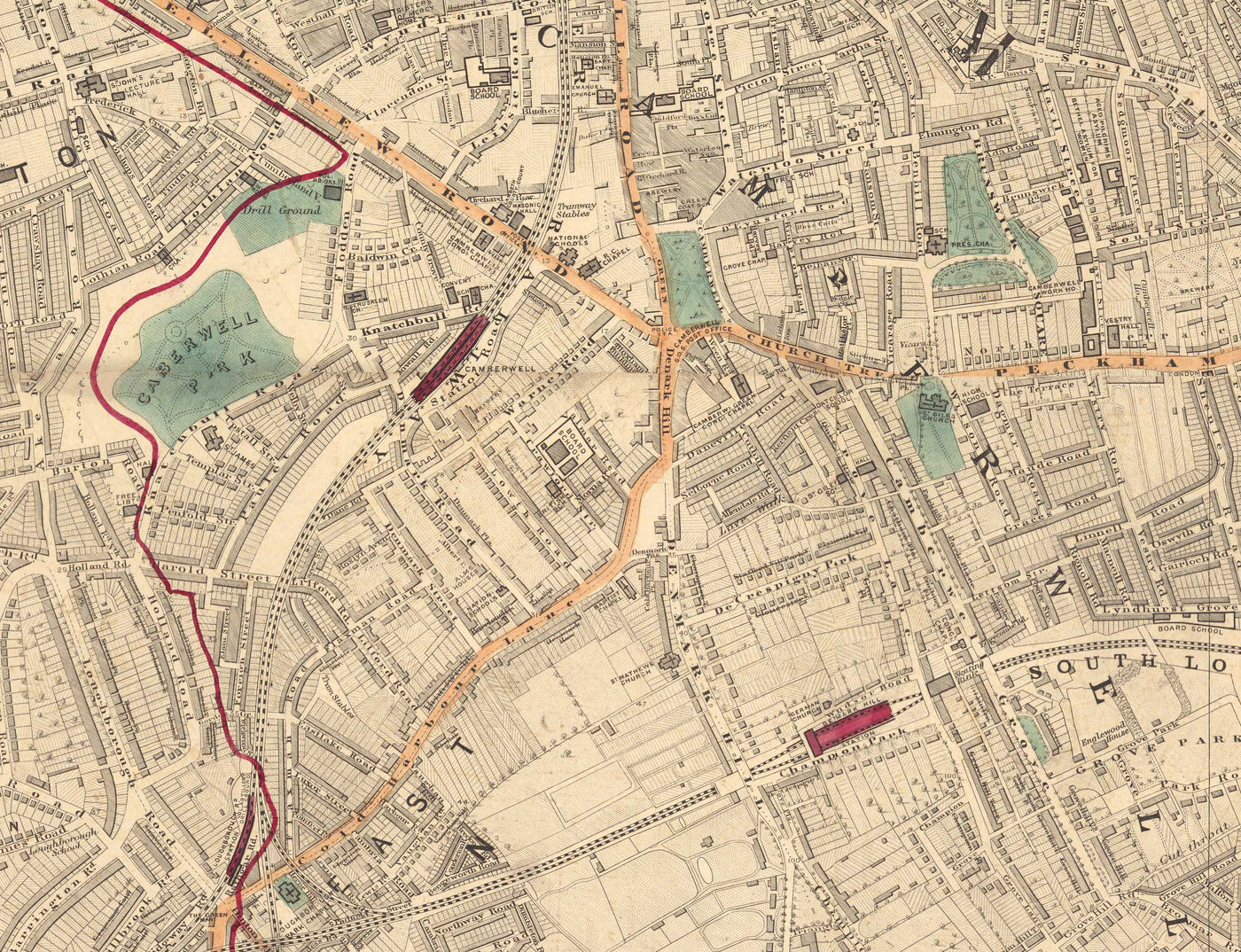 Ancienne carte en couleur du sud de Londres en 1891 - Camberwell, Peckham, Walworth, Nunhead, Old Kent Road - SE5, SE17, SE15, SE1, SE16
