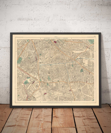 Mappa colorata antica di South London nel 1891 - Camberwell, Peckham, Walworth, Nunhead, Old Kent Road - SE5, SE17, SE15, SE1, SE16 