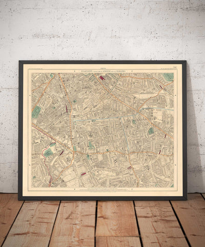 Antiguo mapa en color del sur de Londres en 1891 - Camberwell, Peckham, Walworth, Nunhead, Old Kent Road - SE5, SE17, SE15, SE1, SE16