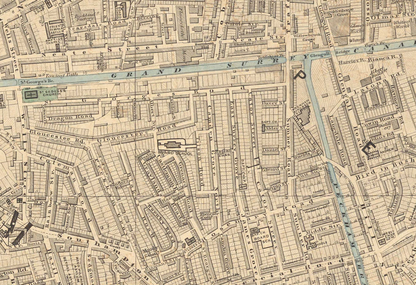 Alte Farbkarte von Süd-London im Jahr 1891 - Camberwell, Peckham, Walworth, Nunhead, Old Kent Road - SE5, SE17, SE15, SE1, SE16