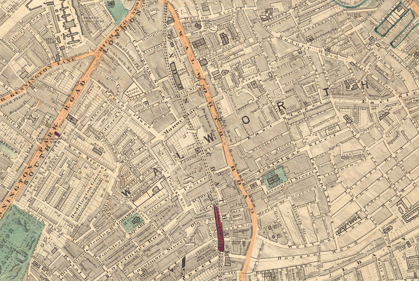 Antiguo mapa en color del sur de Londres en 1891 - Camberwell, Peckham, Walworth, Nunhead, Old Kent Road - SE5, SE17, SE15, SE1, SE16