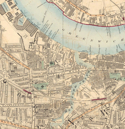 Antiguo mapa en color del sur de Londres en 1891 - Greenwich, Deptford, New Cross, Telegraph Hill, Blackheath - SE8, SE14, SE10 SE4 SE13
