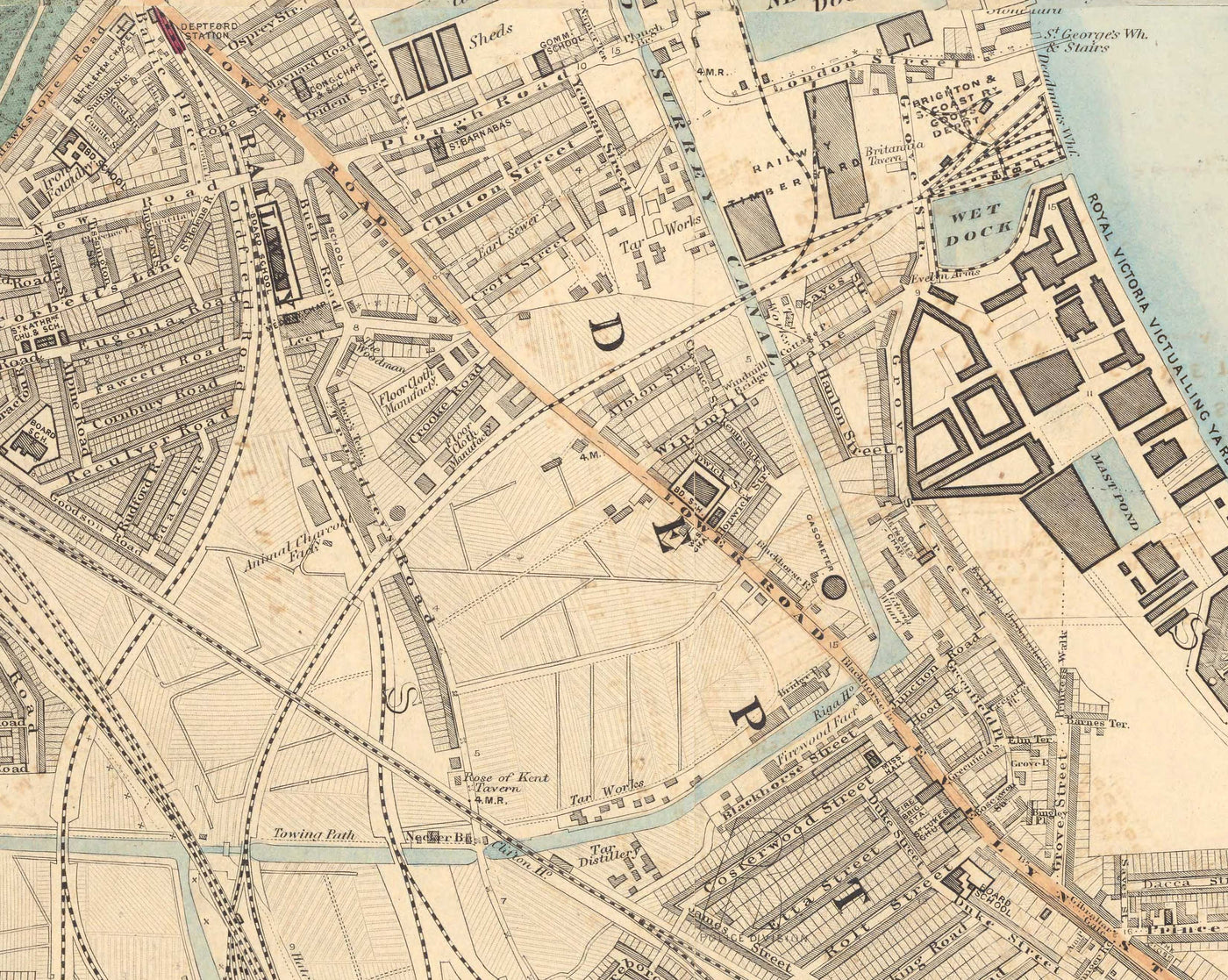 Alte Farbkarte von Süd-London im Jahr 1891 - Greenwich, Deptford, New Cross, Telegraph Hill, Blackheath - SE8, SE14, SE10 SE4 SE13