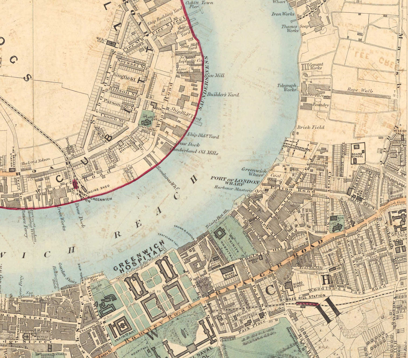 Antiguo mapa en color del sur de Londres en 1891 - Greenwich, Deptford, New Cross, Telegraph Hill, Blackheath - SE8, SE14, SE10 SE4 SE13