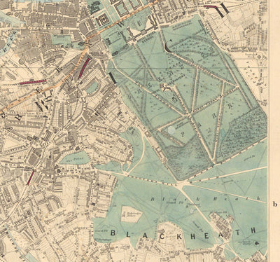 Ancienne carte en couleur du sud de Londres en 1891 - Greenwich, Deptford, New Cross, Telegraph Hill, Blackheath - SE8, SE14, SE10 SE4 SE13