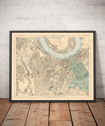 Ancienne carte en couleur du sud de Londres en 1891 - Greenwich, Deptford, New Cross, Telegraph Hill, Blackheath - SE8, SE14, SE10 SE4 SE13