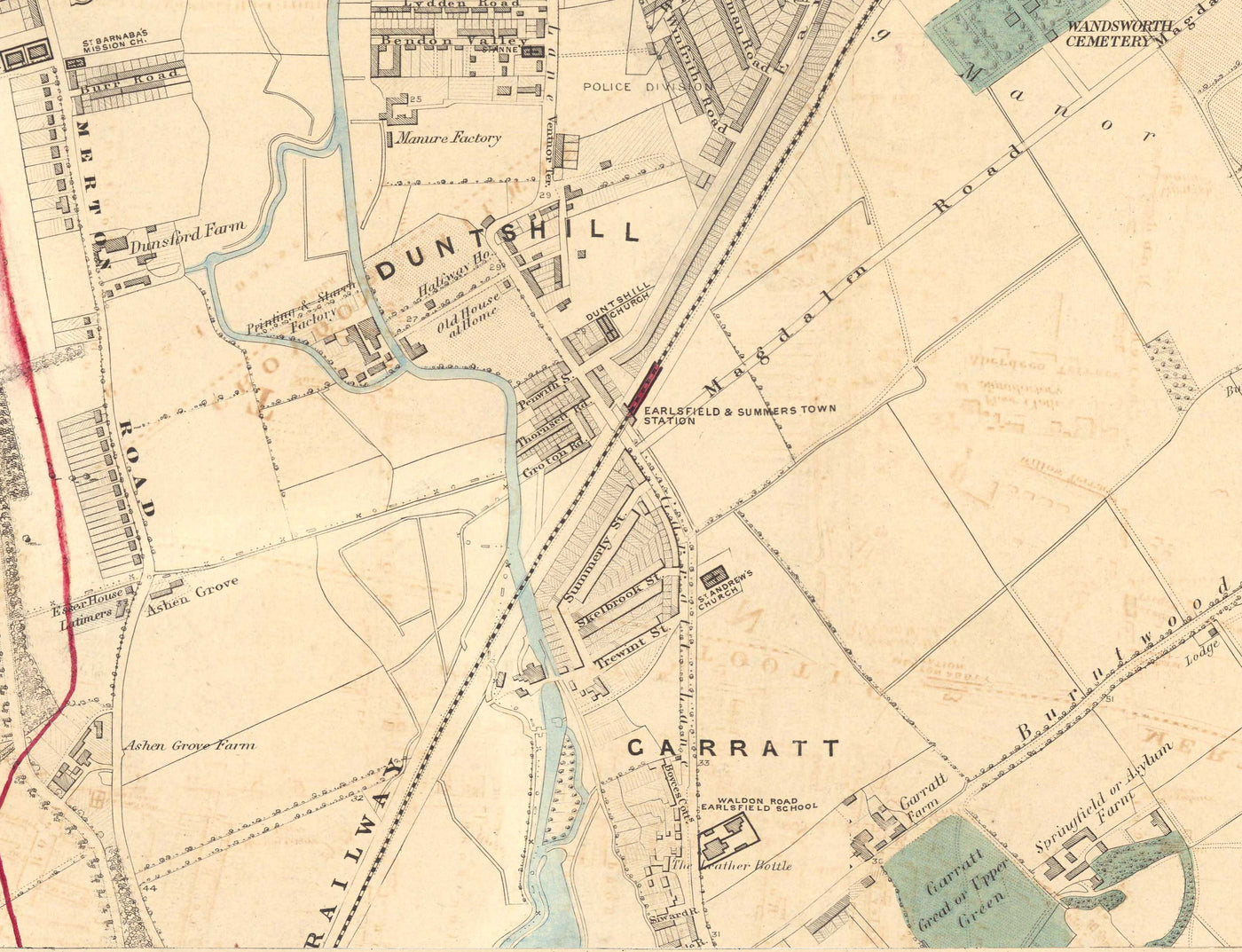 Ancienne carte en couleur du sud de Londres, 1891 - Wandsworth, Wimbledon, Putney, Earlsfield, River Wandle - SW15, SW18, SW19