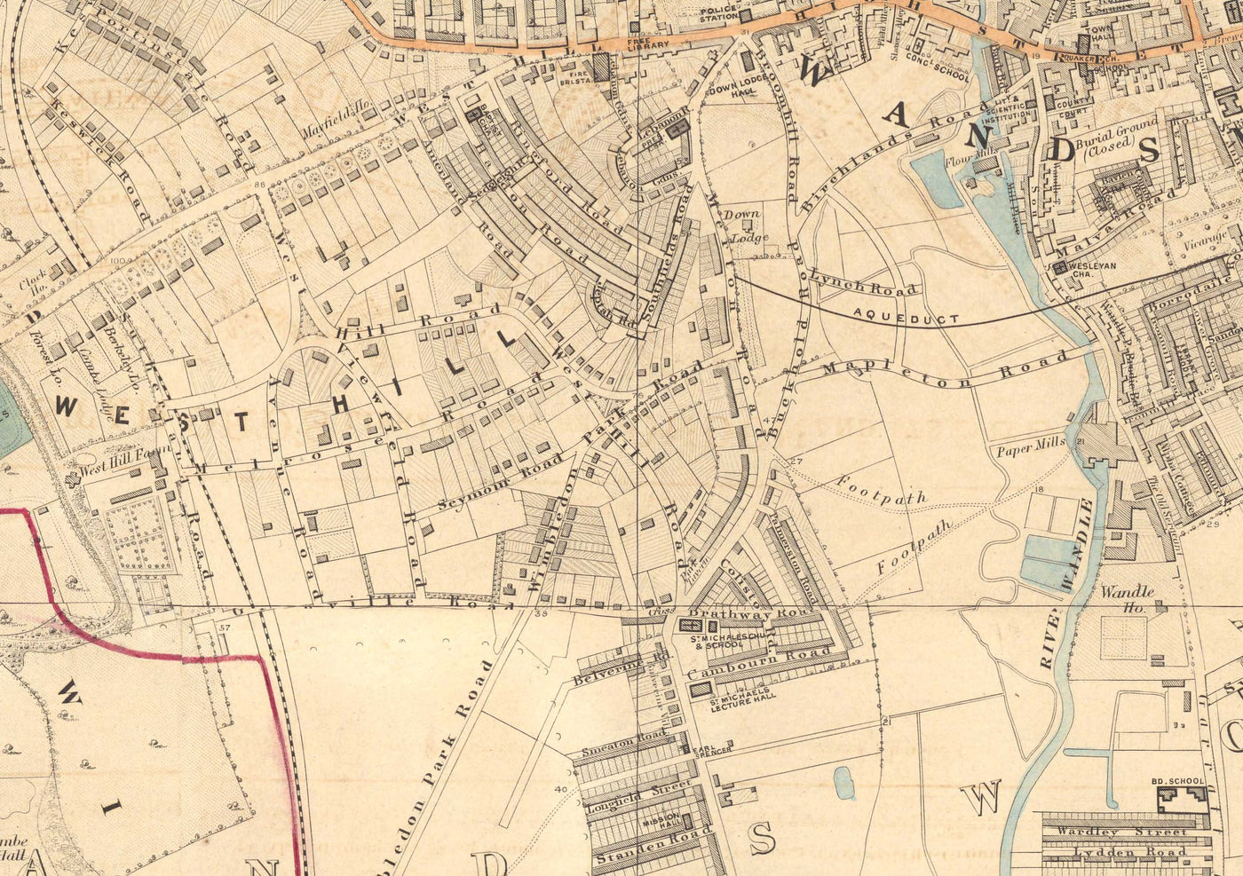 Alte Farbkarte von Süd-London, 1891 - Wandsworth, Wimbledon, Putney, Earlsfield, Fluss Wandle - SW15, SW18, SW19