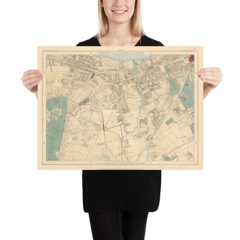 Antiguo mapa en color del sur de Londres, 1891 - Wandsworth, Wimbledon, Putney, Earlsfield, río Wandle - SW15, SW18, SW19