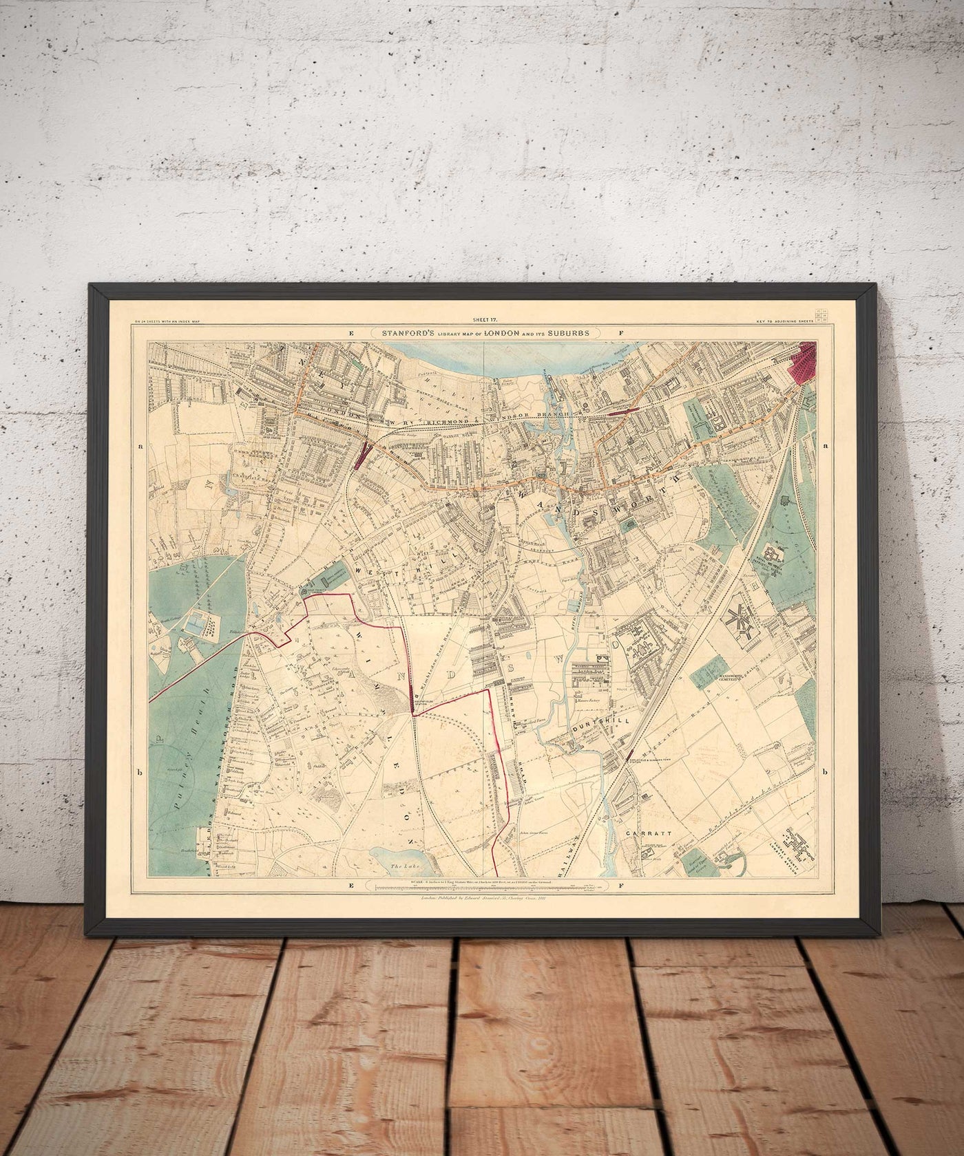 Antiguo mapa en color del sur de Londres, 1891 - Wandsworth, Wimbledon, Putney, Earlsfield, río Wandle - SW15, SW18, SW19
