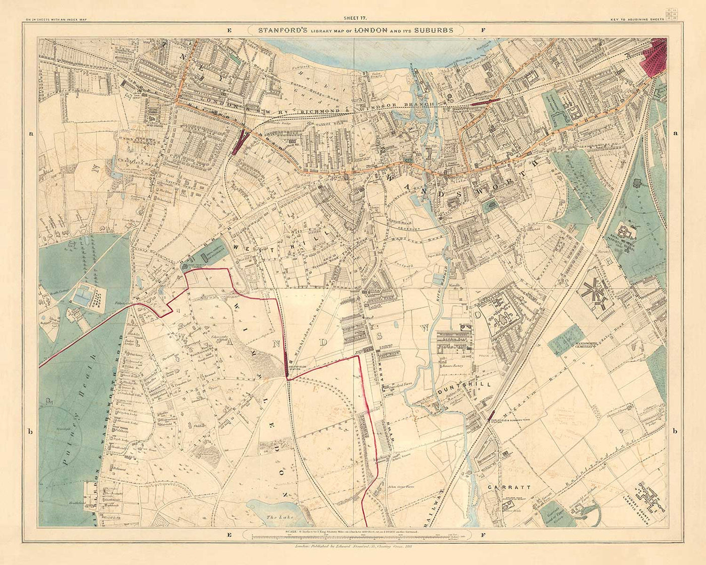 Alte Farbkarte von Süd-London, 1891 - Wandsworth, Wimbledon, Putney, Earlsfield, Fluss Wandle - SW15, SW18, SW19