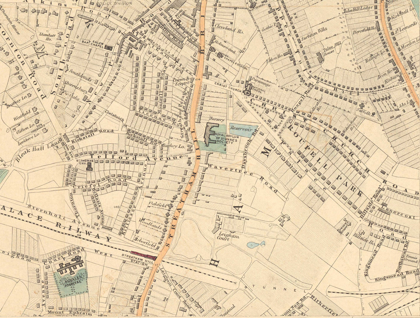 Ancienne carte en couleur du sud de Londres, 1891 - Clapham, Balham, Brixton, Tooting, Common, Park - SW2, SW4, SW12, SW17, SW11