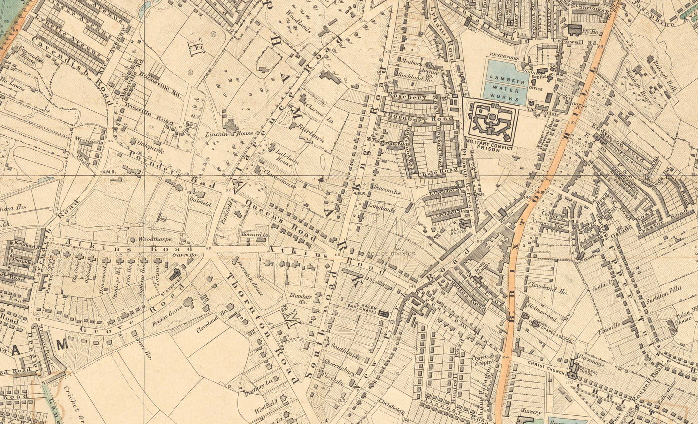 Ancienne carte en couleur du sud de Londres, 1891 - Clapham, Balham, Brixton, Tooting, Common, Park - SW2, SW4, SW12, SW17, SW11