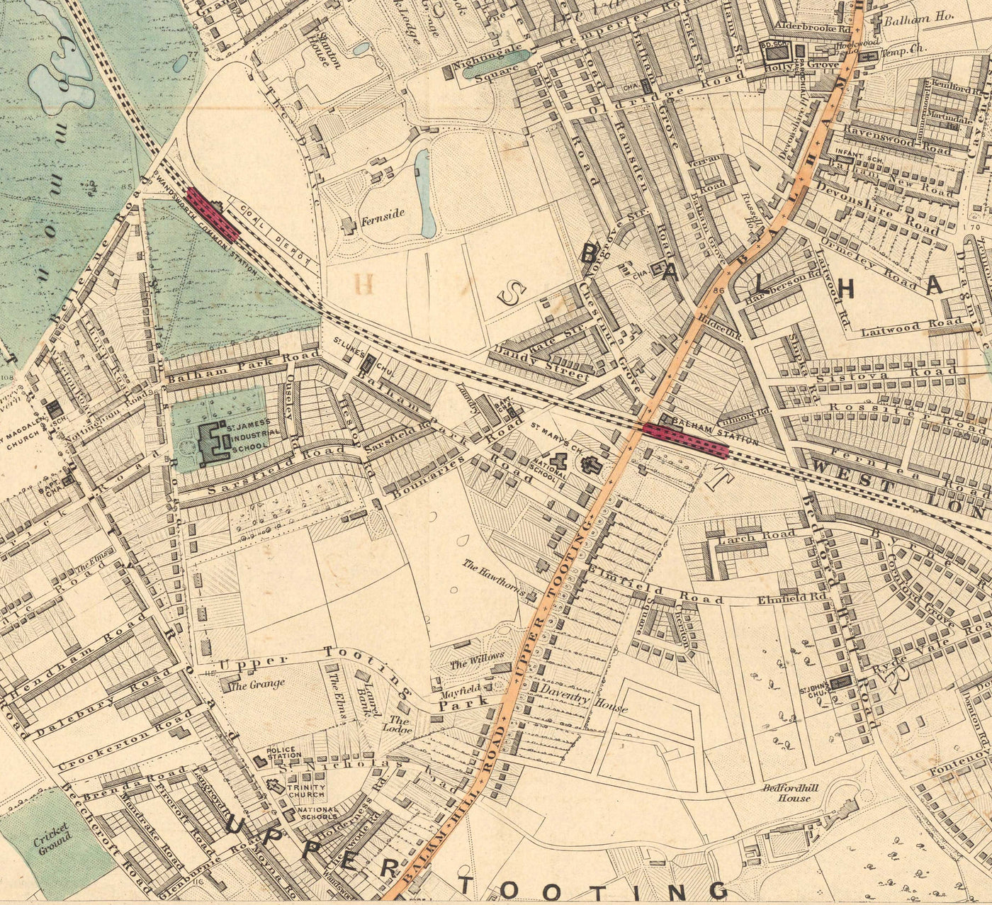Alte Farbkarte von Süd-London, 1891 - Clapham, Balham, Brixton, Tooting, Common, Park - SW2, SW4, SW12, SW17, SW11