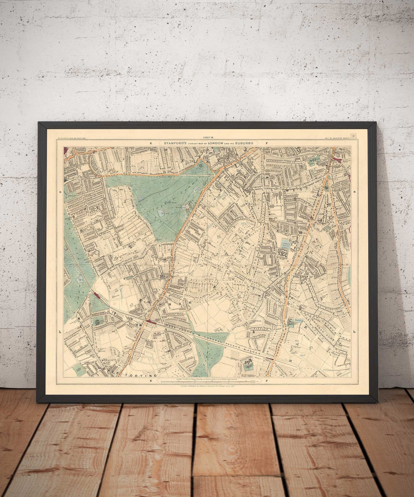 Antiguo mapa en color del sur de Londres, 1891 - Clapham, Balham, Brixton, Tooting, Common, Park - SW2, SW4, SW12, SW17, SW11