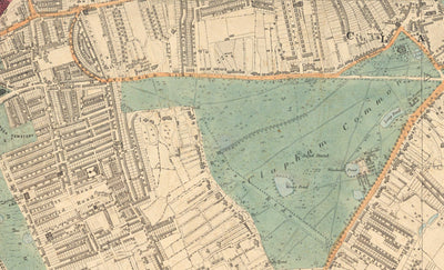 Alte Farbkarte von Süd-London, 1891 - Clapham, Balham, Brixton, Tooting, Common, Park - SW2, SW4, SW12, SW17, SW11