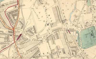 Antiguo mapa en color del sur de Londres en 1891 - Dulwich, Peckham Rye, Herne Hill, Forest Hill - SE24, SE22, SE21, SE23