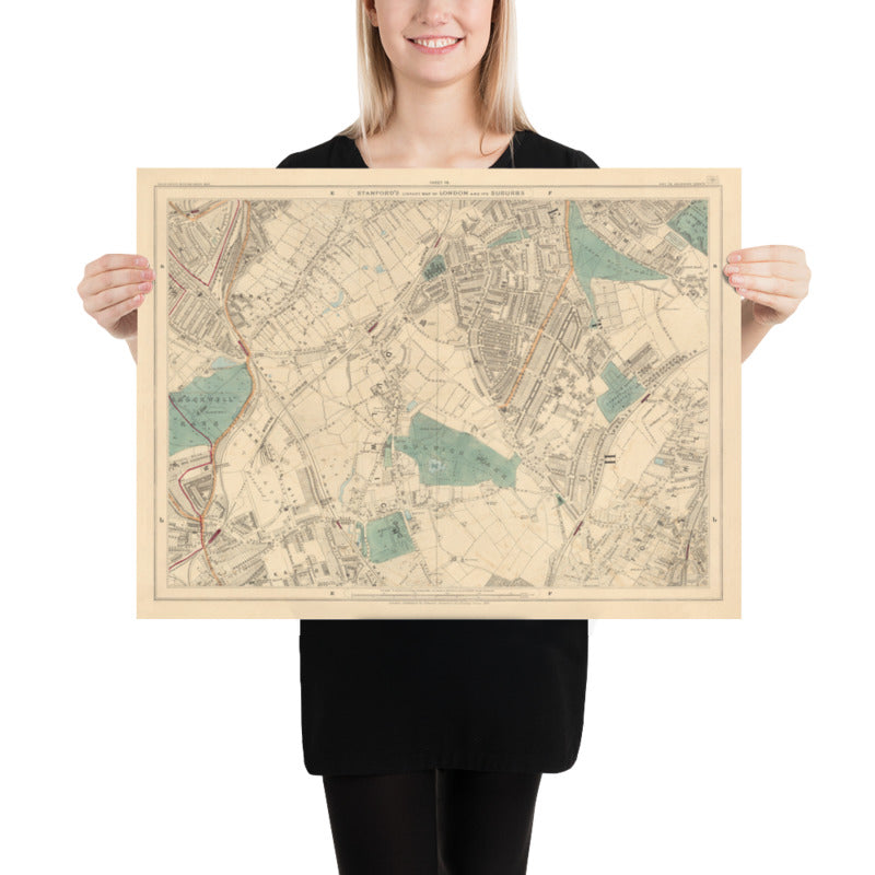 Ancienne carte en couleur du sud de Londres en 1891 - Dulwich, Peckham Rye, Herne Hill, Forest Hill - SE24, SE22, SE21, SE23