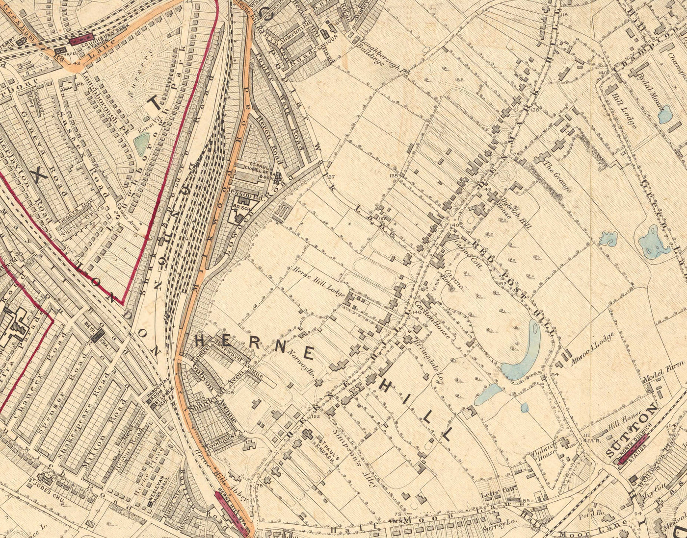 Ancienne carte en couleur du sud de Londres en 1891 - Dulwich, Peckham Rye, Herne Hill, Forest Hill - SE24, SE22, SE21, SE23