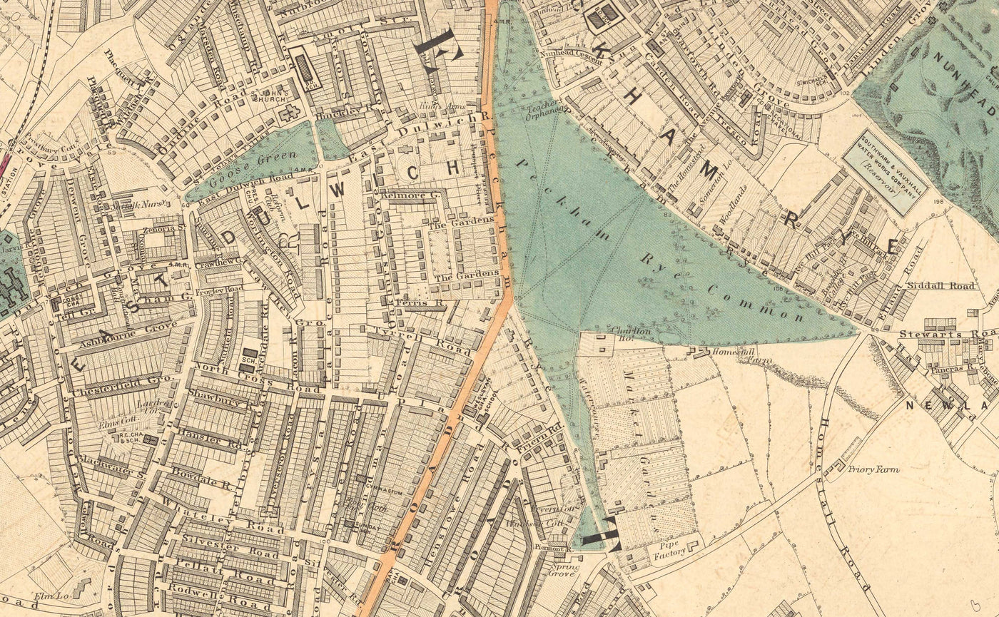 Alte Farbkarte von Süd-London im Jahr 1891 - Dulwich, Peckham Rye, Herne Hill, Forest Hill - SE24, SE22, SE21, SE23
