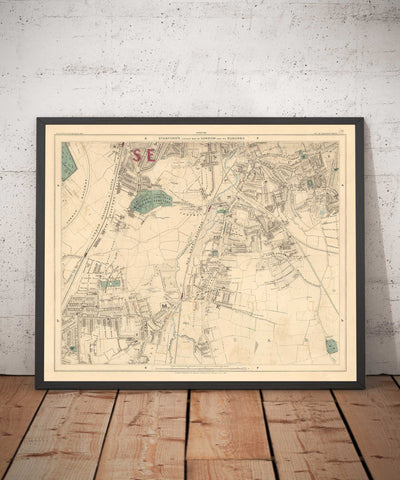 Antiguo mapa en color del sureste de Londres, 1891 - Lewisham, Ladywell, Brockley, Catford - SE4, SE13, SE23, SE6