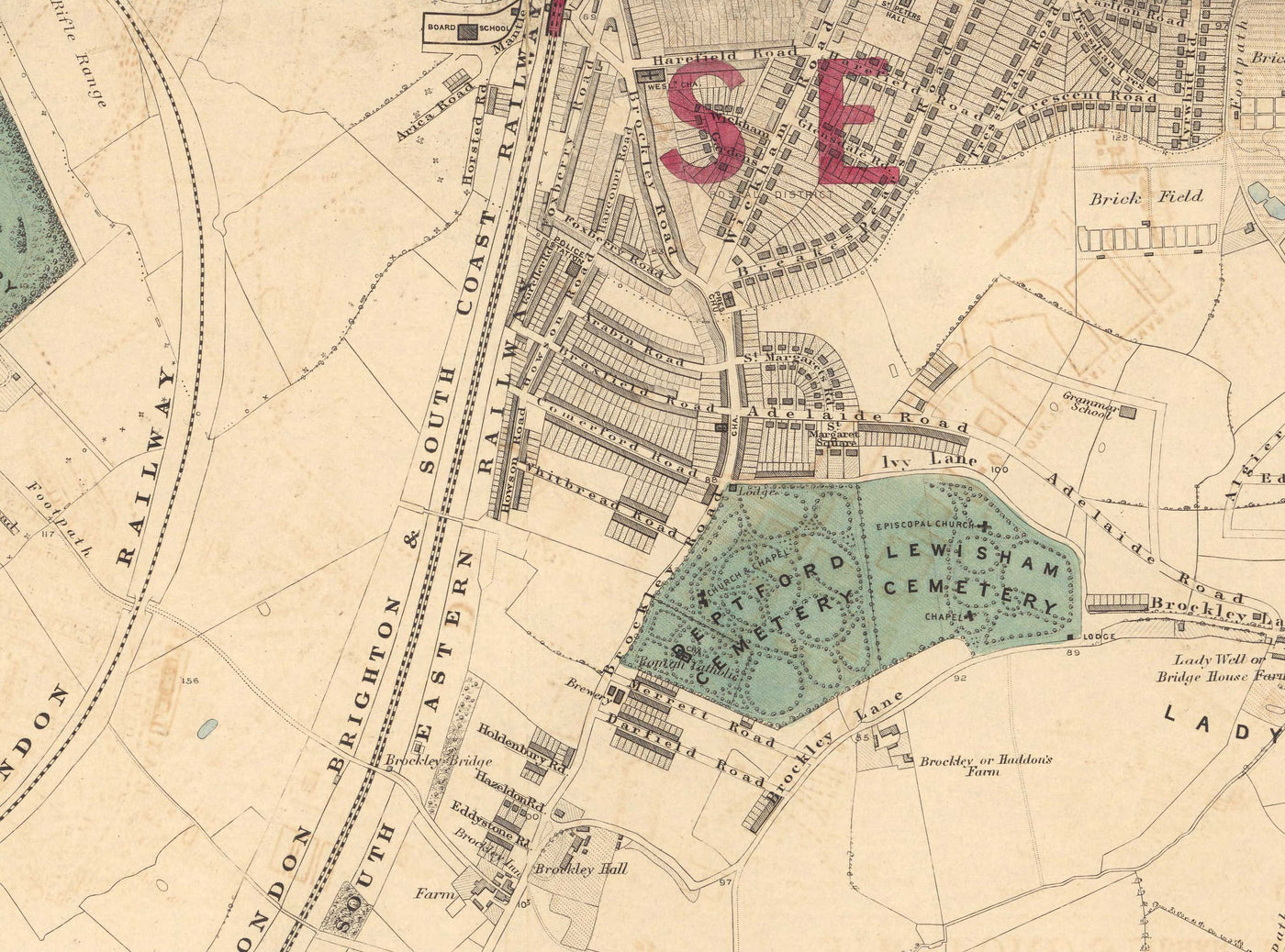 Alte Farbkarte von Südost-London, 1891 - Lewisham, Ladywell, Brockley, Catford - SE4, SE13, SE23, SE6