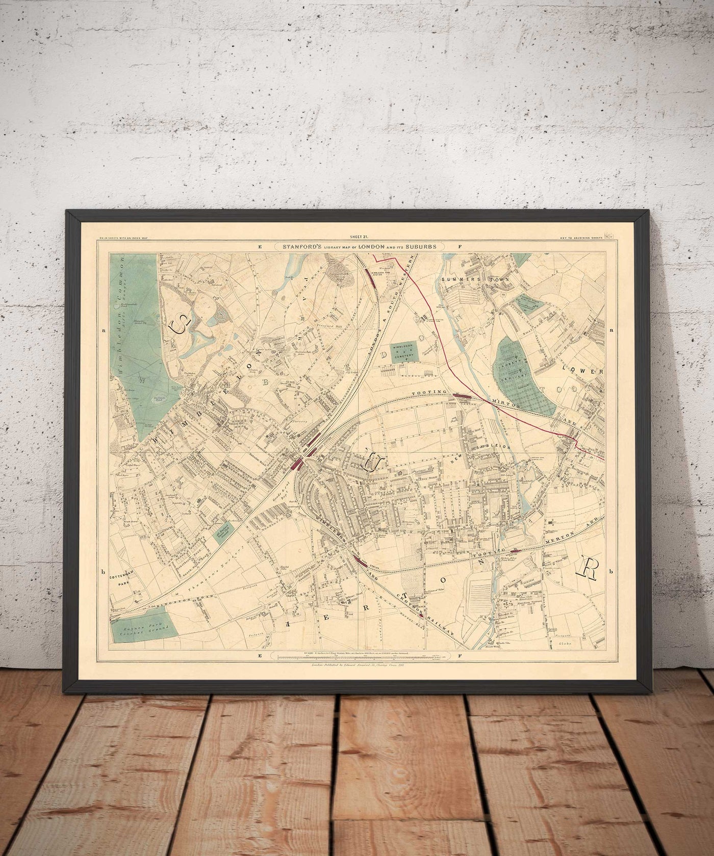 Antiguo mapa en color del suroeste de Londres, 1891 - Wimbledon, Merton, Summerstown - SW19, SW17 SW20