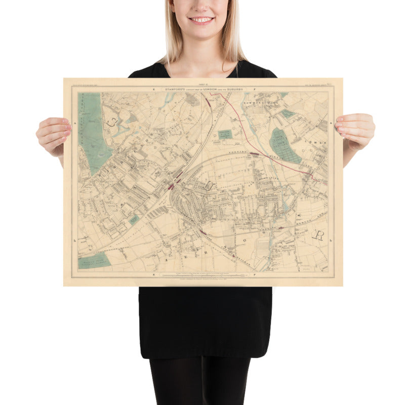 Ancienne carte en couleur du sud-ouest de Londres, 1891 - Wimbledon, Merton, Summerstown - SW19, SW17 SW20