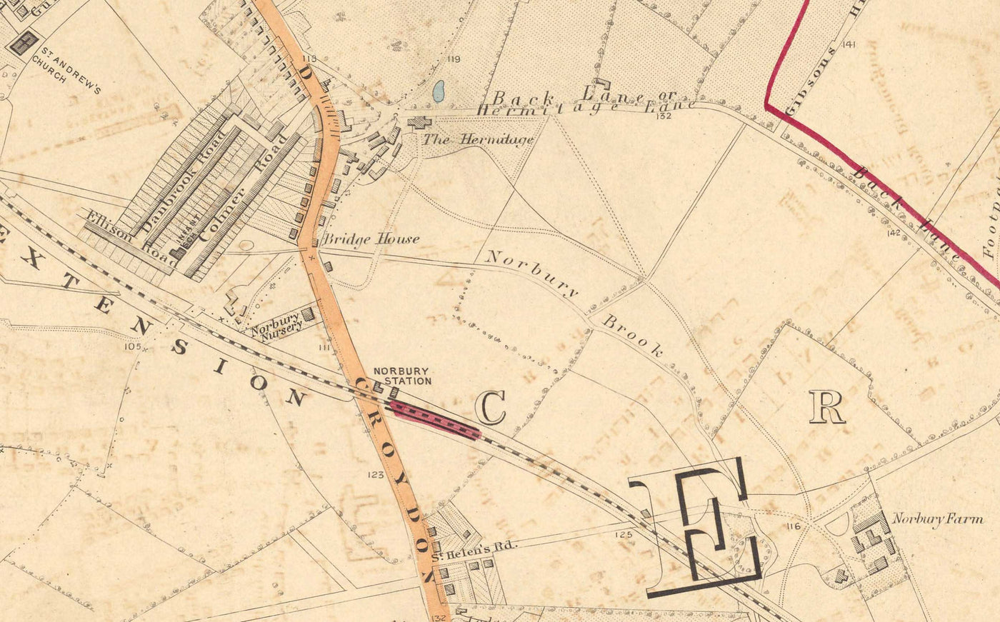 Ancienne carte en couleur du sud de Londres en 1891 - Streatham, Tooting, Mitcham, Norbury - SW17, SW16, CR4