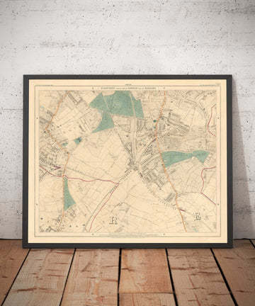 Ancienne carte en couleur du sud de Londres en 1891 - Streatham, Tooting, Mitcham, Norbury - SW17, SW16, CR4