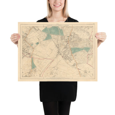 Antiguo mapa en color del sur de Londres en 1891 - Streatham, Tooting, Mitcham, Norbury - SW17, SW16, CR4