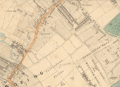Alte Farbkarte von Süd-London im Jahr 1891 - Streatham, Tooting, Mitcham, Norbury - SW17, SW16, CR4