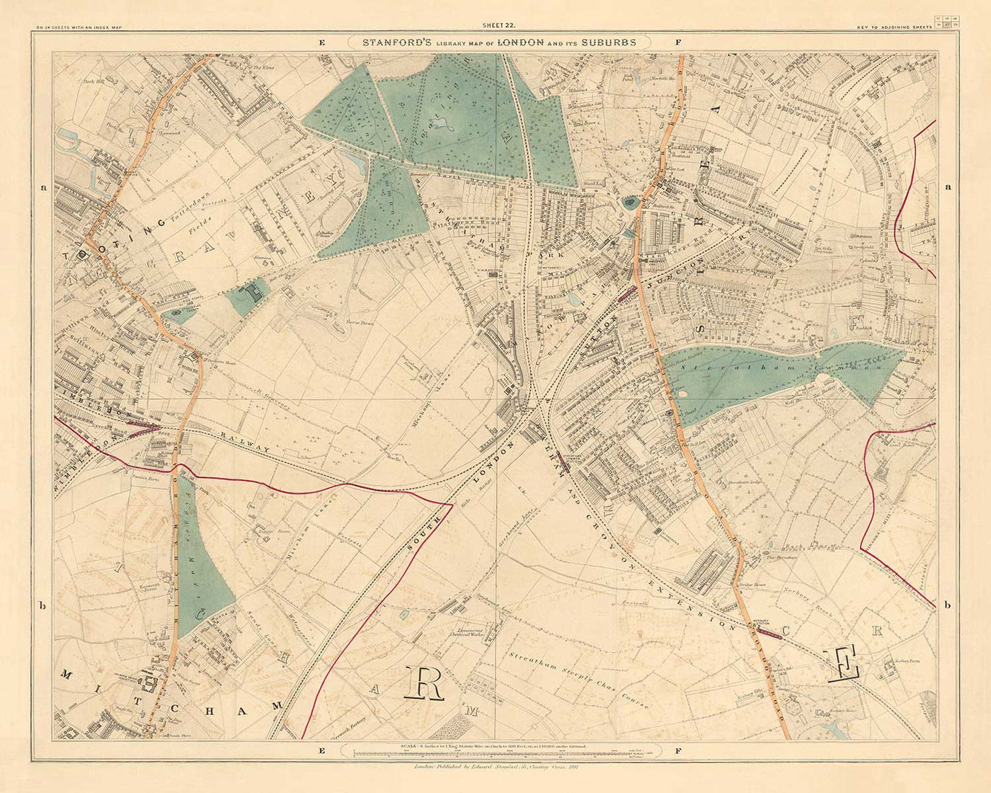 Ancienne carte en couleur du sud de Londres en 1891 - Streatham, Tooting, Mitcham, Norbury - SW17, SW16, CR4