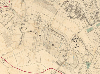Ancienne carte en couleur du sud-est de Londres, 1891 - Norwood, Crystal Palace, Penge, Sydenham - SE27, SE19, SE20, SE26