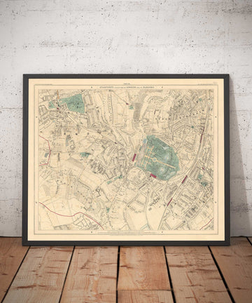Antiguo mapa en color del sureste de Londres, 1891 - Norwood, Crystal Palace, Penge, Sydenham - SE27, SE19, SE20, SE26